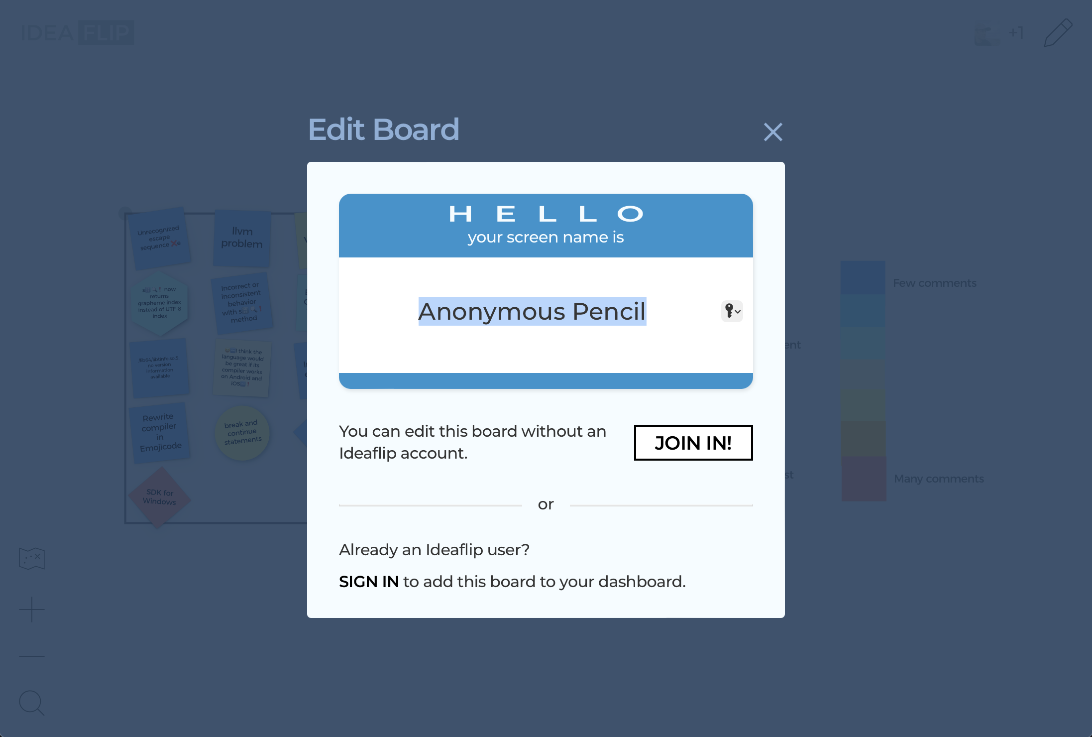 Ideaflip's drop-in access welcome dialog asking for a screen name.