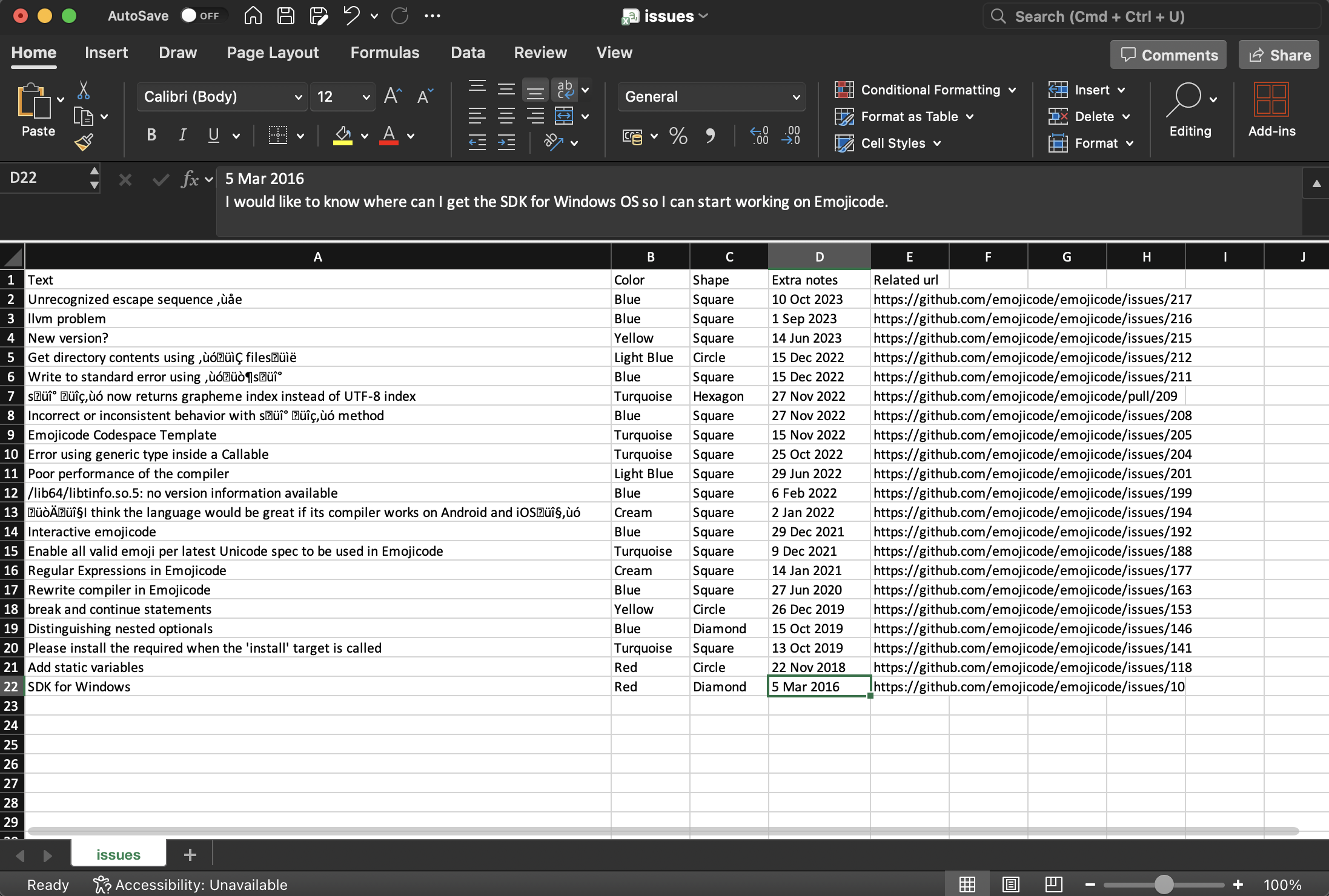 Screenshot of open github issues in a CSV file ready for import to Ideaflip