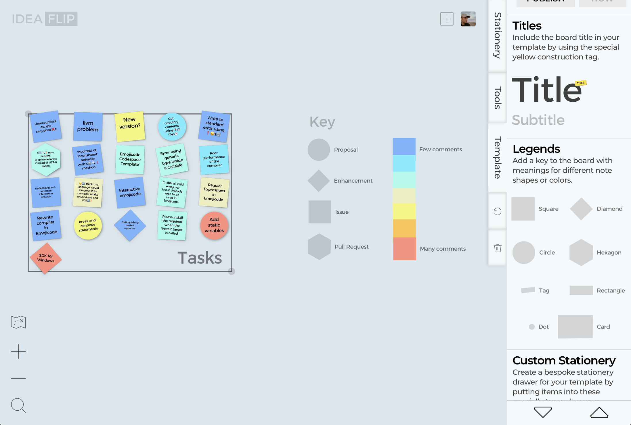 Screenshot showing the Ideaflip board with a Key section created using Template stationery.