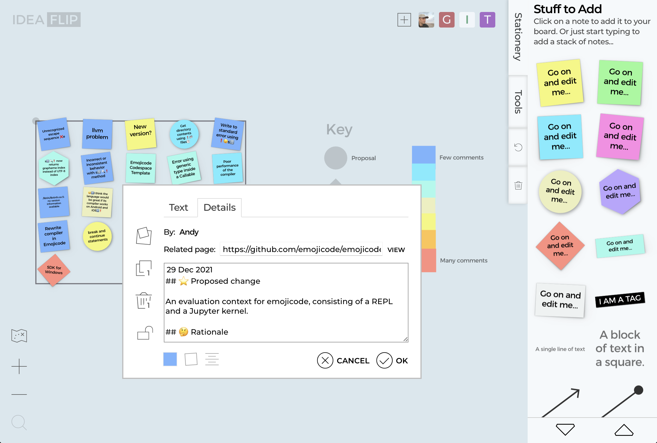 Each sticky note can have a related page and more details.