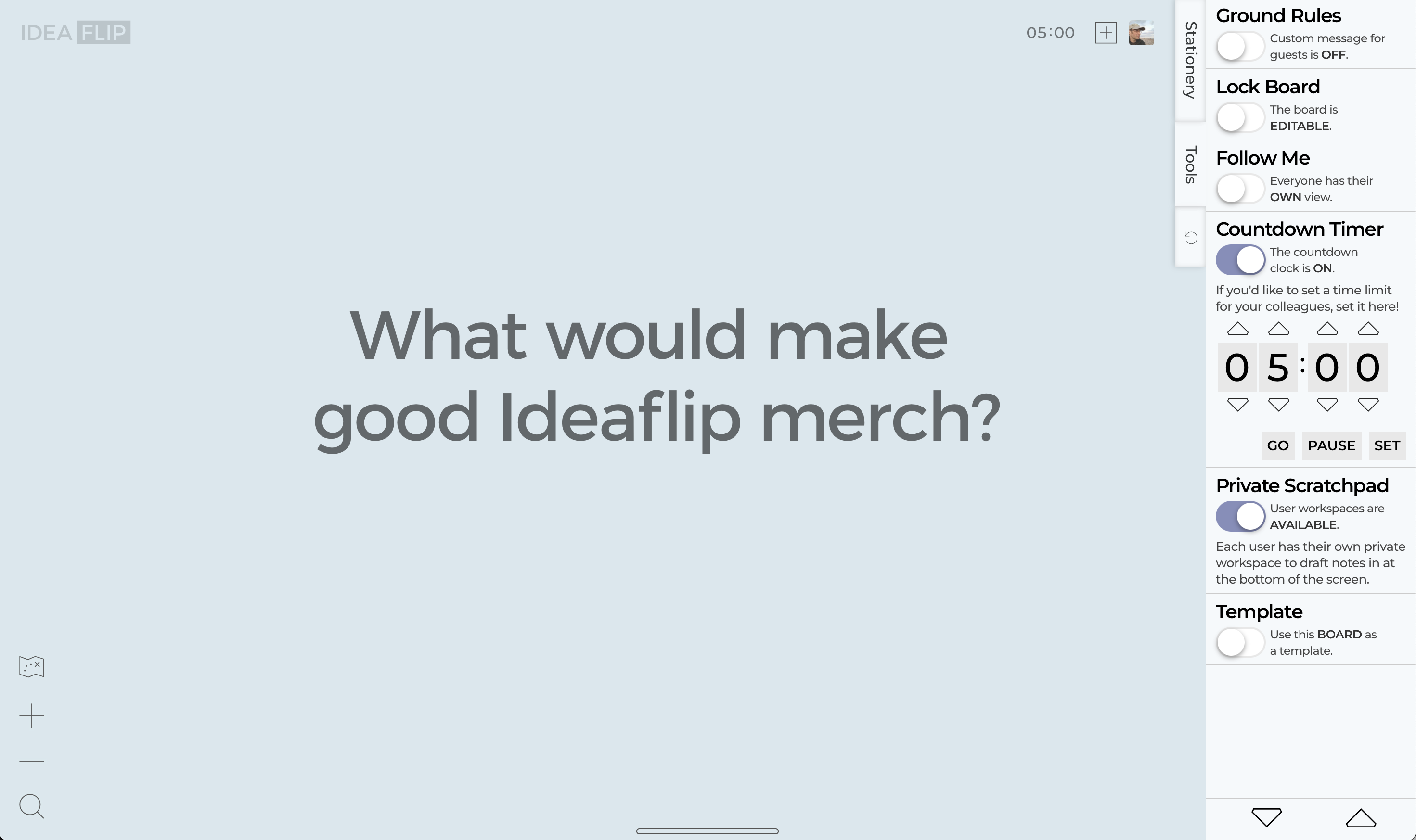 An ideaflip board with the facilitator tools open and the private scratchpad feature enabled.