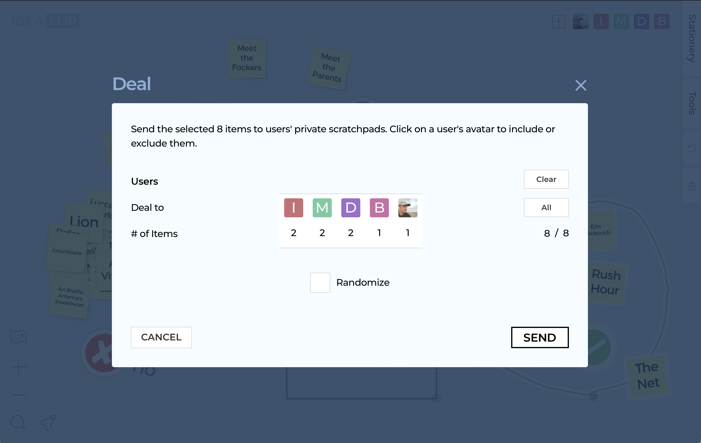 Ideaflip's Deal screen shows you how many of the selected notes each person will receive.