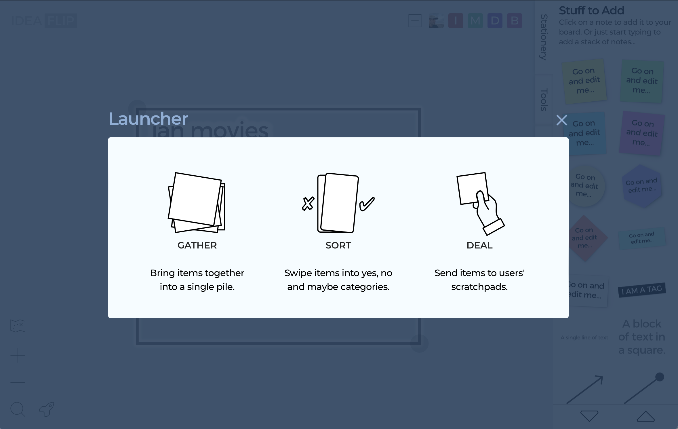 Screenshot of the launcher dialog showing options to gather, sort or deal the selected notes.