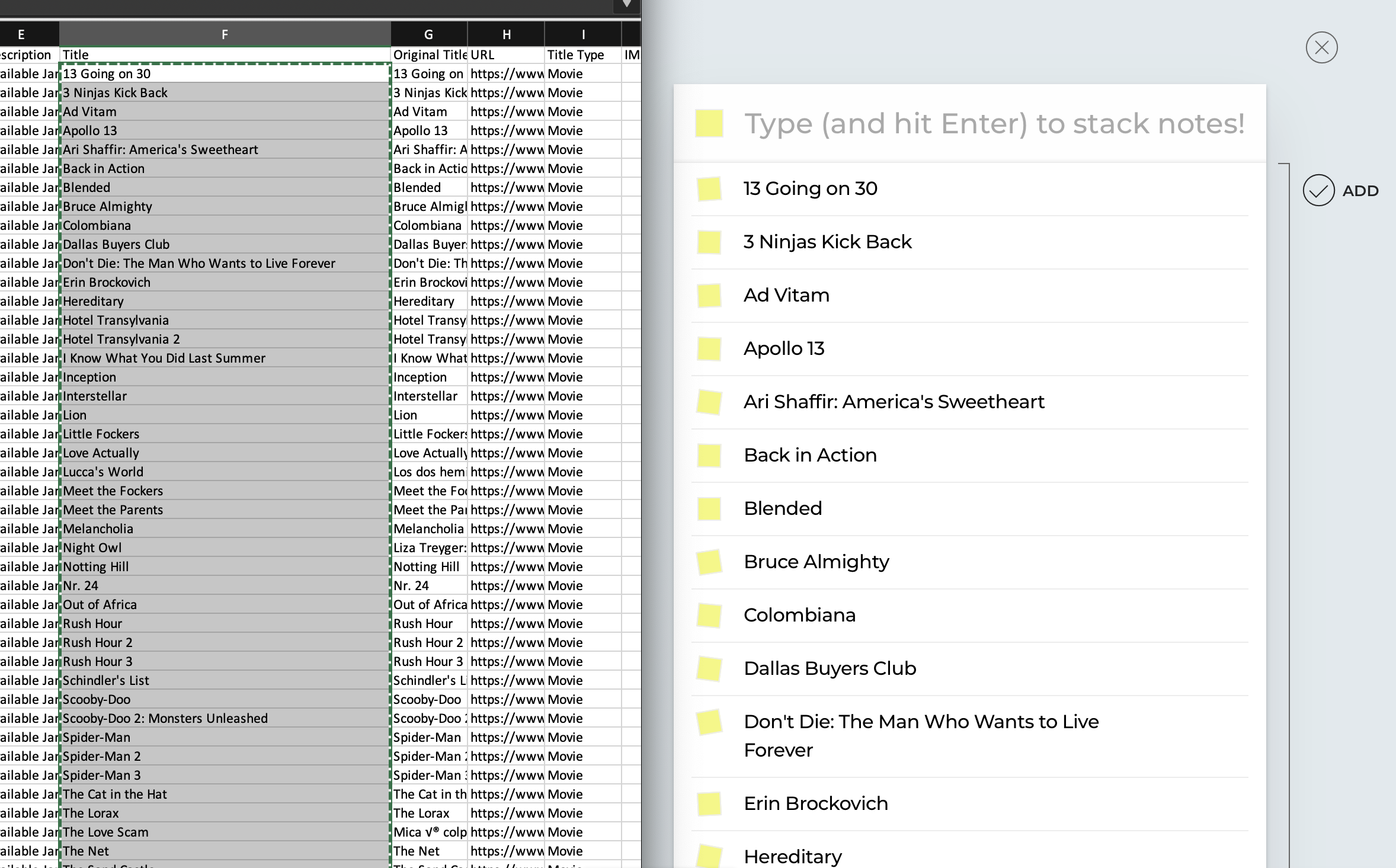 Copying a text column into Ideaflip's quick entry creates sticky notes for each cell.