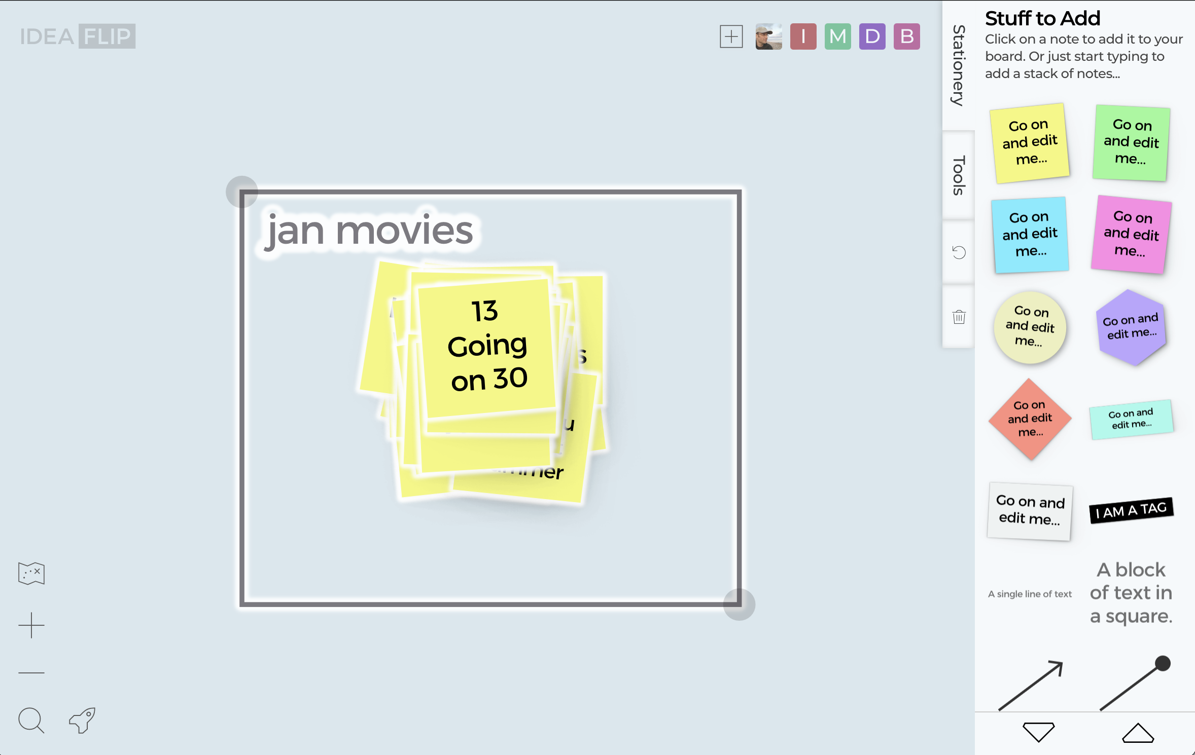 The Ideaflip launcher icon is shown in the bottom right hand corner when sticky notes are selected.