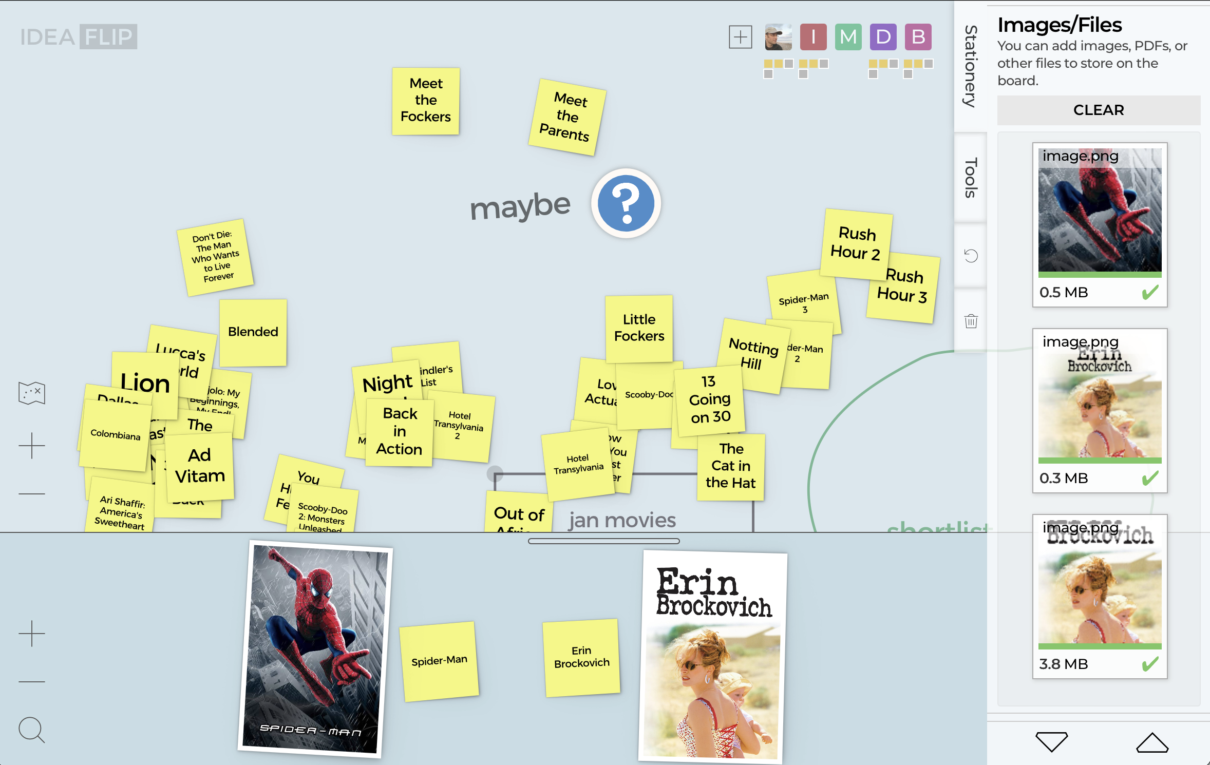 Uploading images (in this case movie posters) to an Ideaflip scratchpad before adding them to the board.