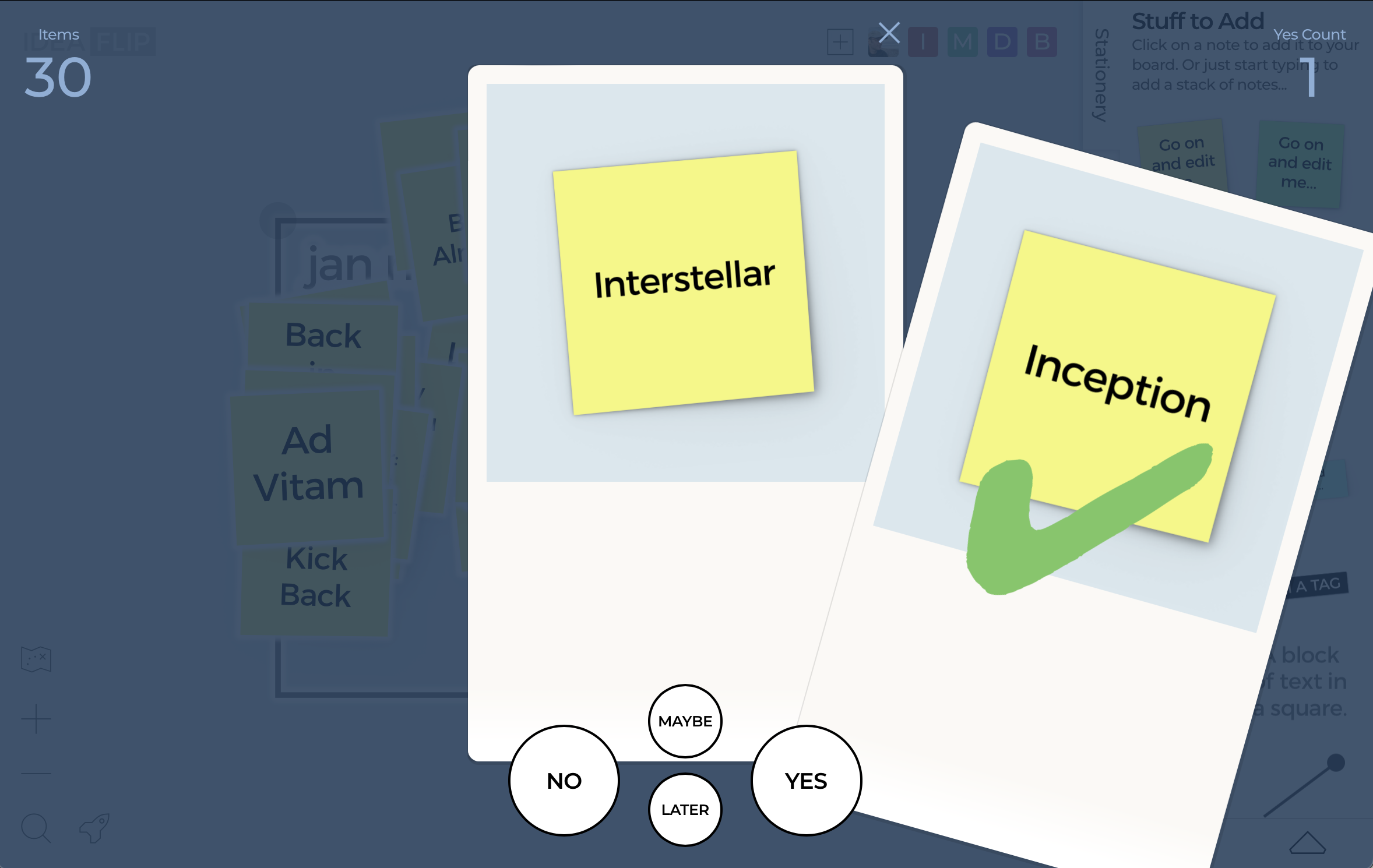 Swiping right on a sticky note marks it as accepted.