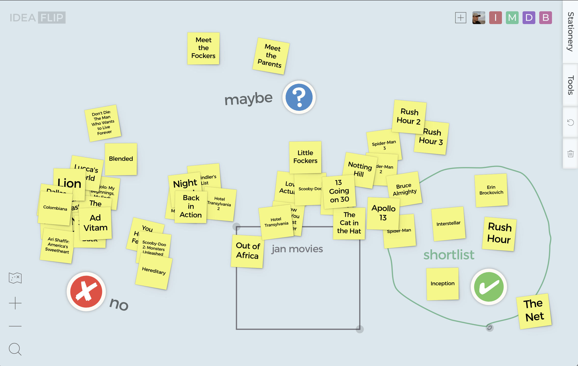 Using Ideaflip's grouping tool to highlight a shortlist of movies to watch.