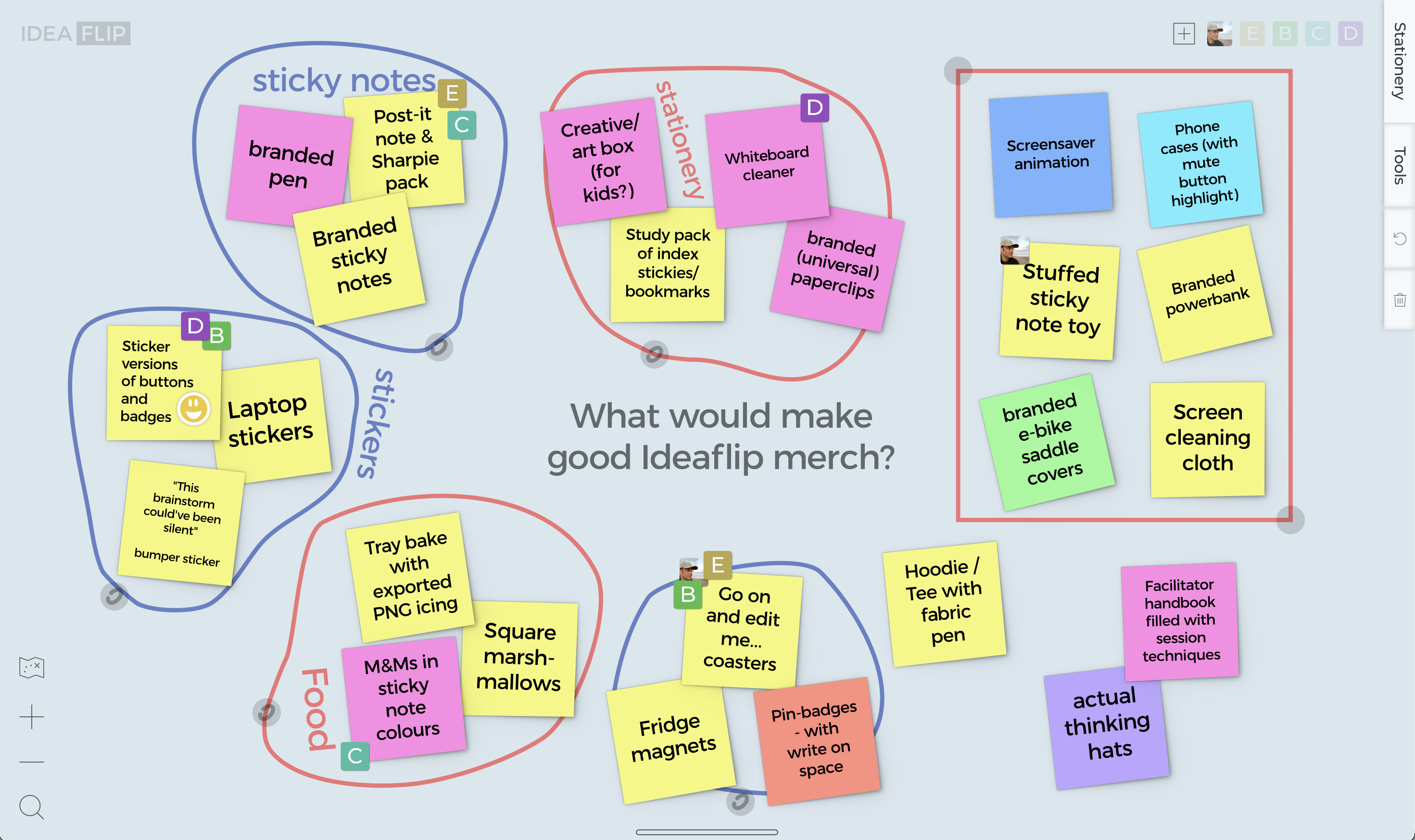 Using Ideaflip participants' avatar stickers to vote on ideas.
